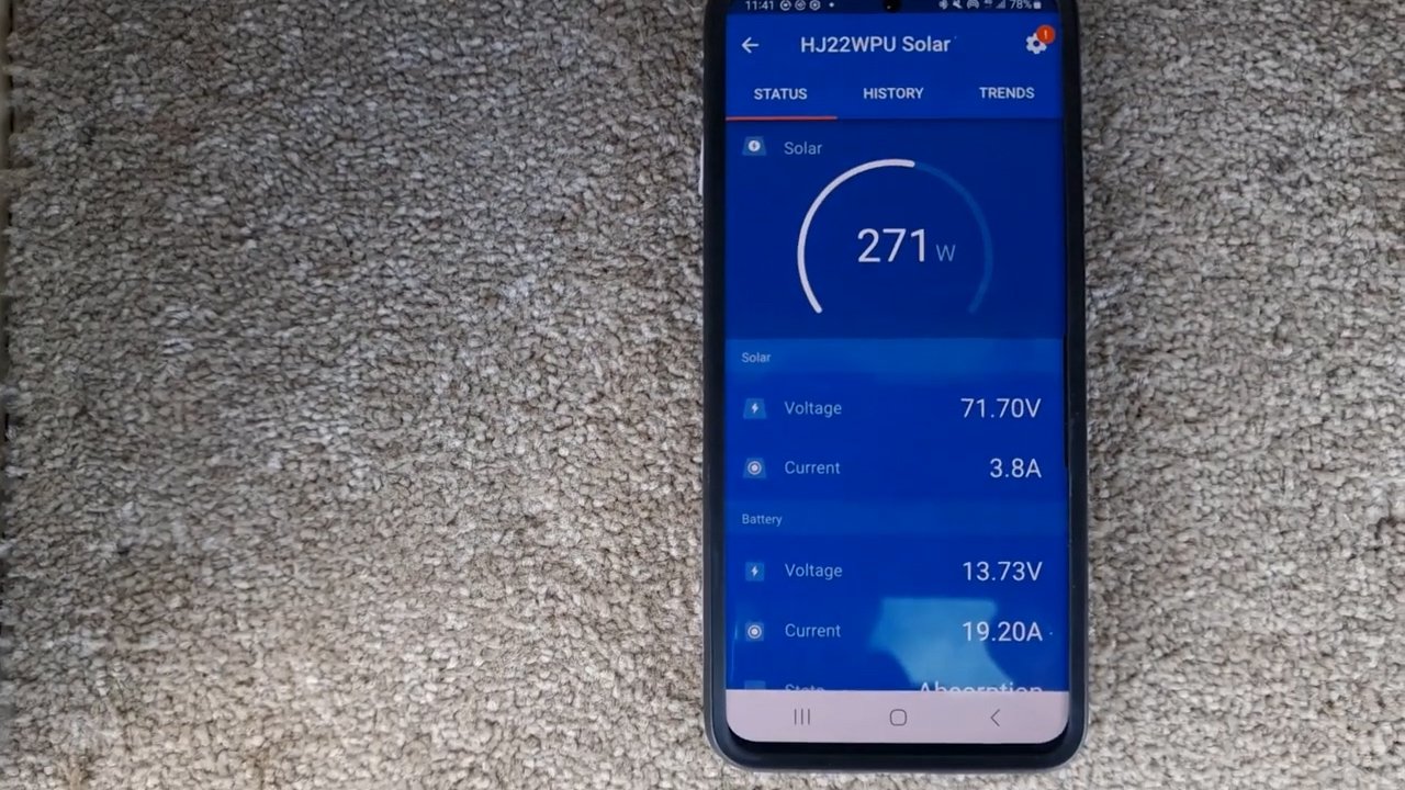 The Victron app showing 271 watts of solar power being generated
