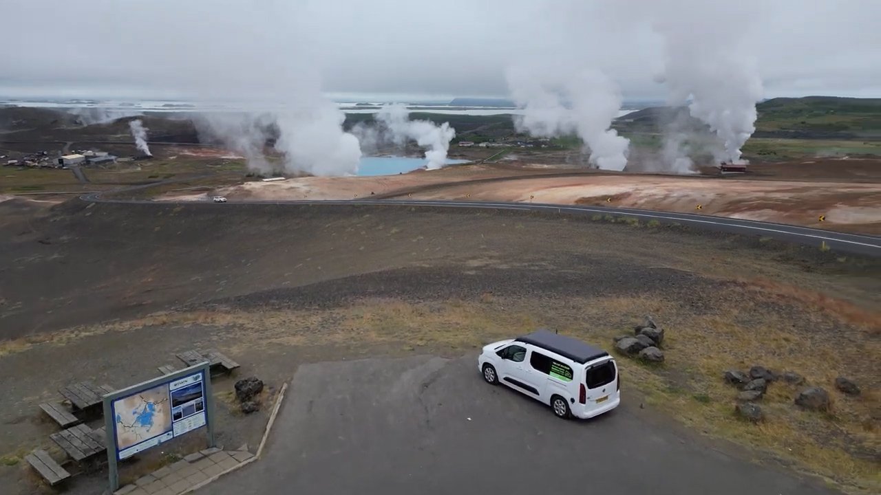 Aerial view of the Vikenze III-e XL on the open road in Iceland’s dramatic landscape