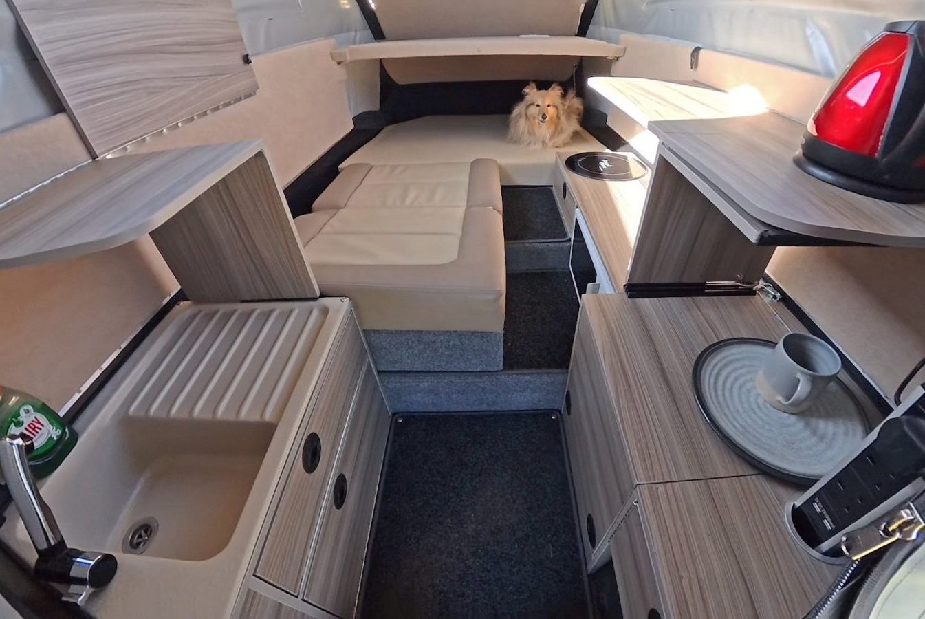 Camper interior with dog