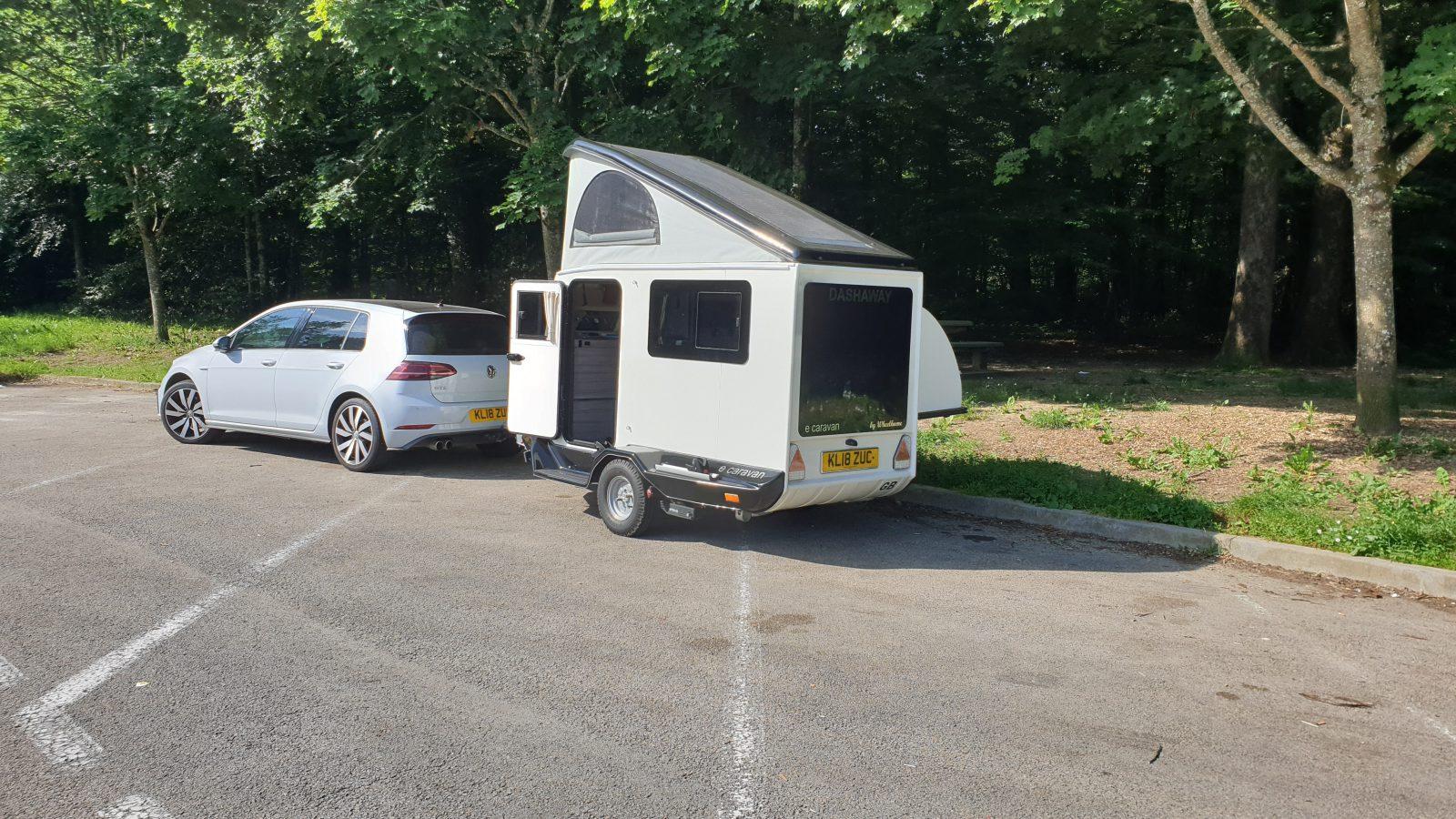 VW Golf PHEV towing Dashaway through French countryside