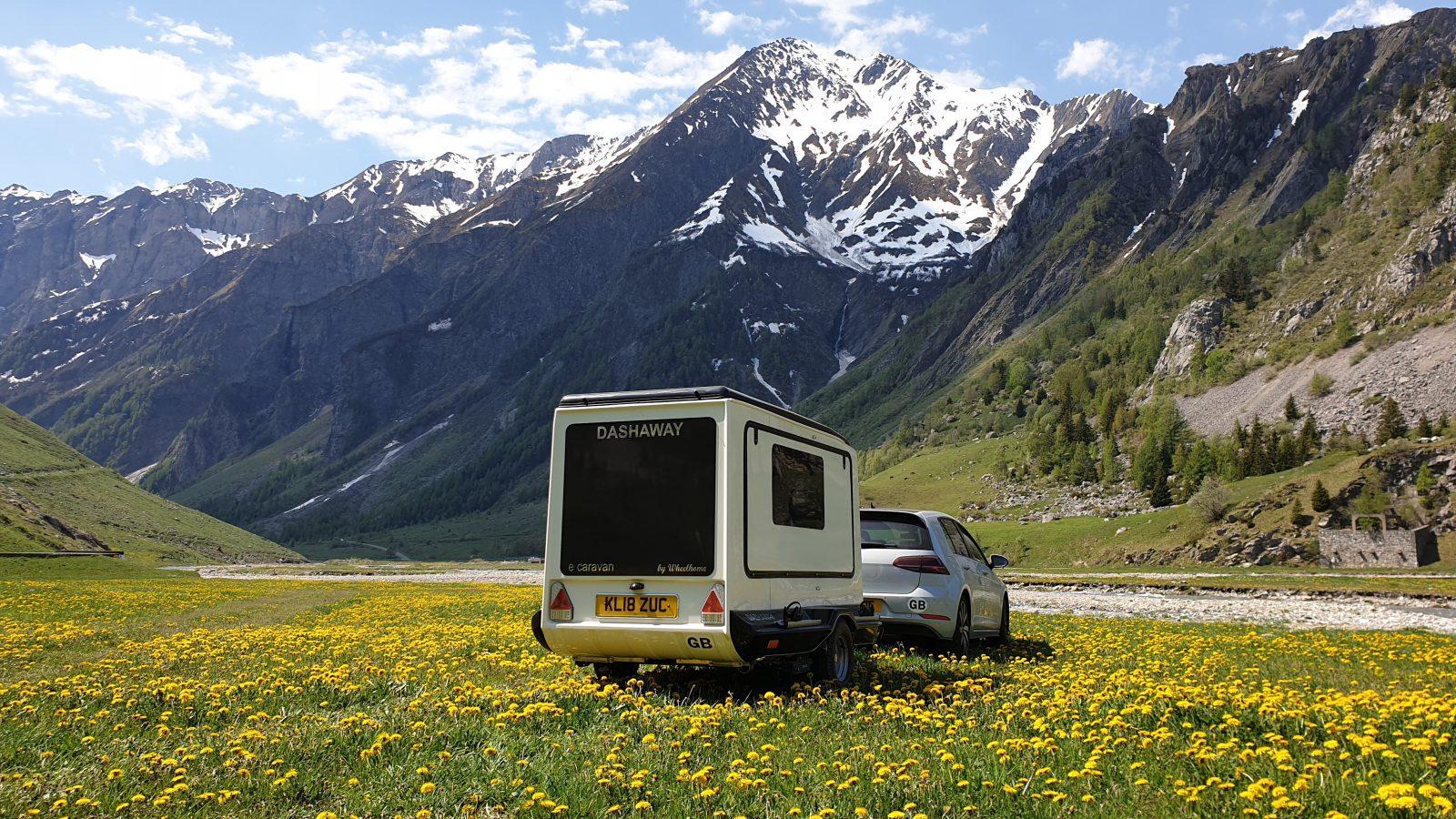 Dashaway caravan on Alpine pass road